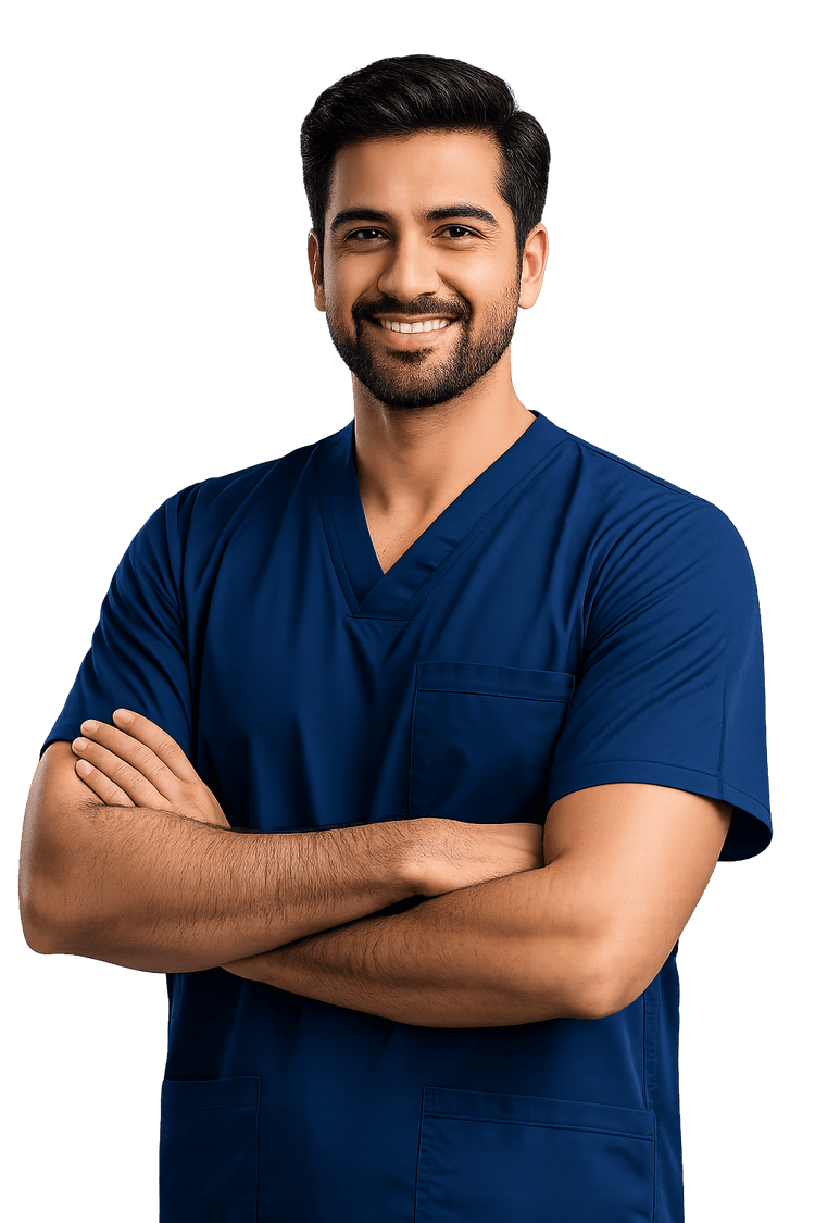 Dentist in navy scrubs smiling