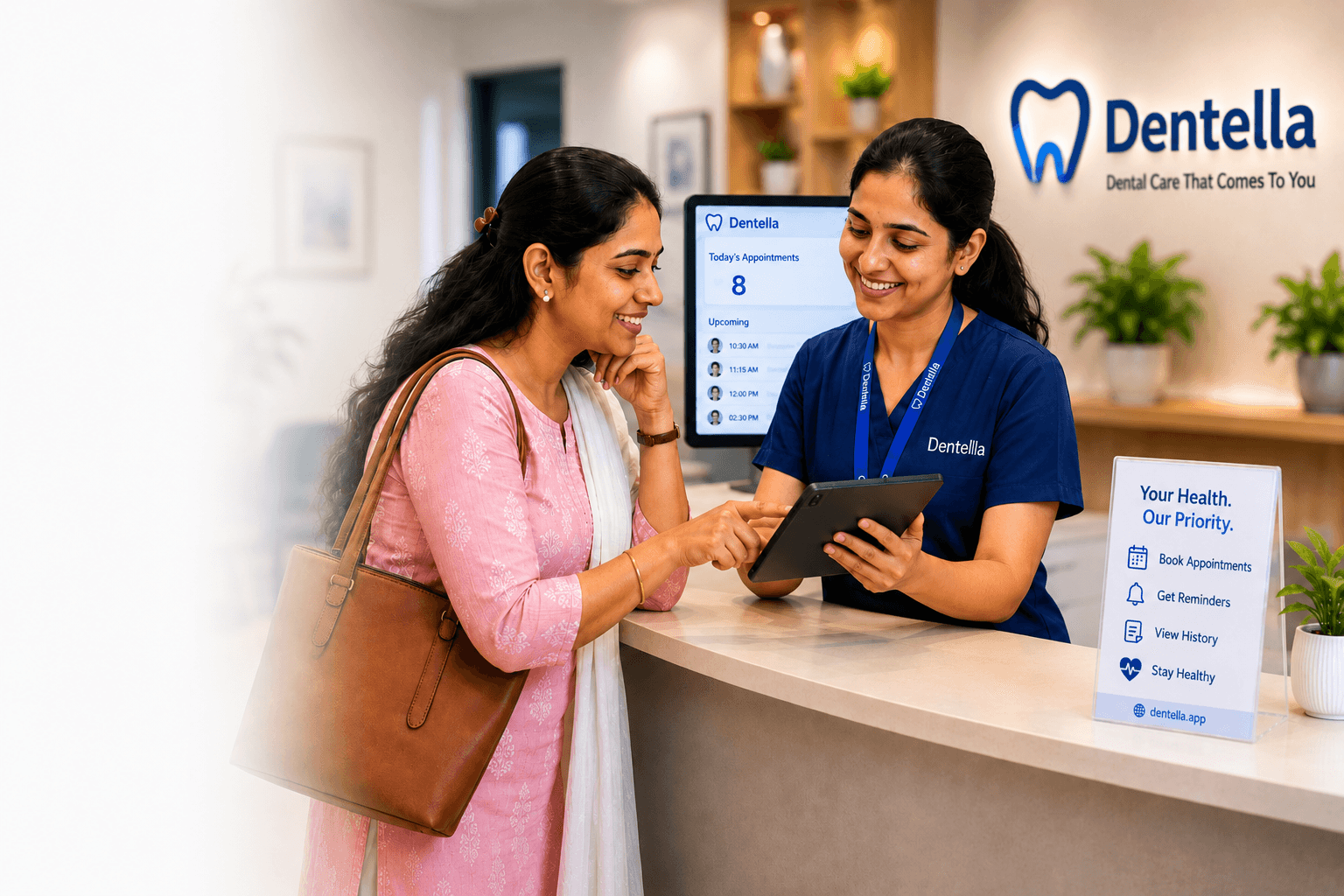 Dentella clinic receptionist helping a patient on tablet
