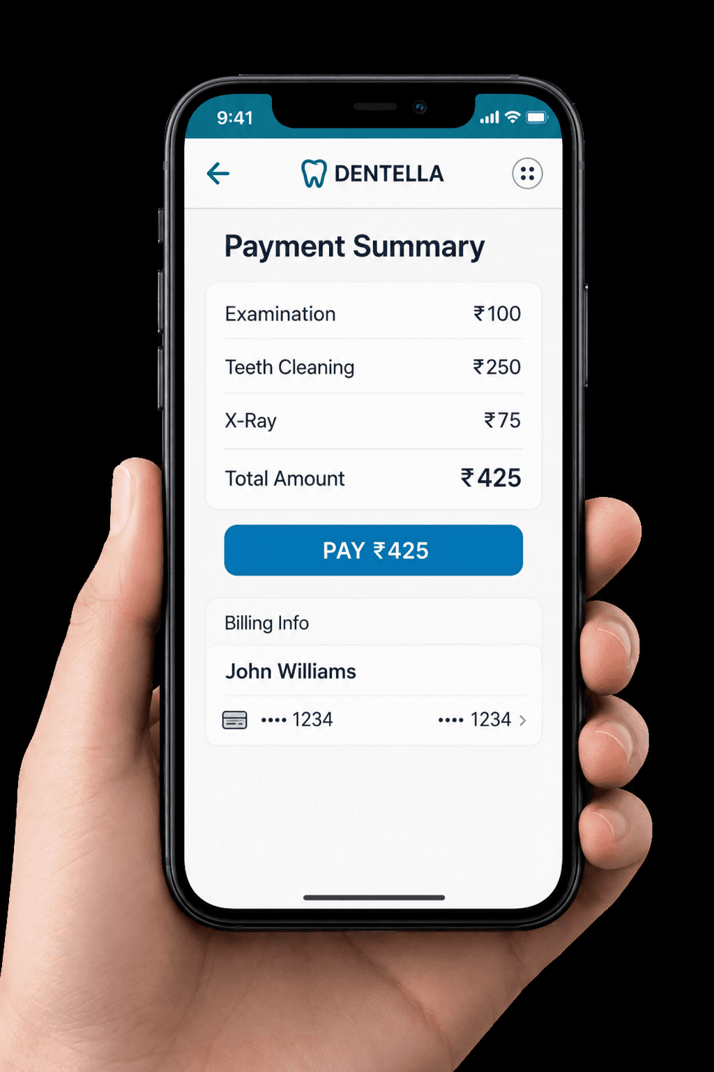 Dentella payment screen with Indian rupees
