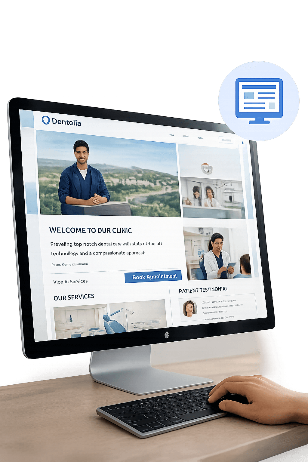 Dentella clinic website on monitor